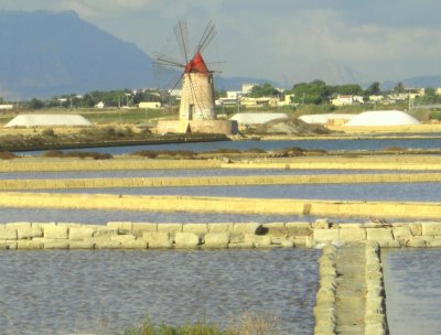 Salt Extraction Fields of Mothia, Sicily, and windmill pumping station.